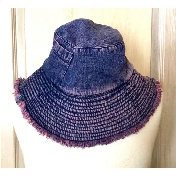 Free People Rahi Acid Washed Bucket Hat Pink Over Denim Blue Pink Frayed